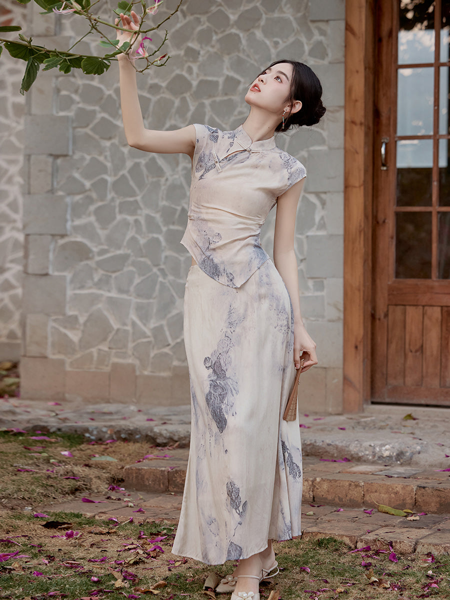 Elegant Ink Wash Gradient Modified Cheongsam Dress Set - Masion Chérie