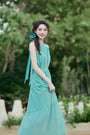 Mint Green Tencel Halter Sleeveless Maxi Dress Vacation Style - Masion Chérie