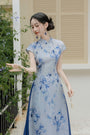 Elegant Blue Bamboo Print Modified Cheongsam Dress Set - Masion Chérie