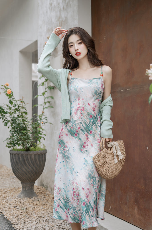 Serene Meadow Watercolor Midi Dress with Sage Green Cardigan - Masion Chérie