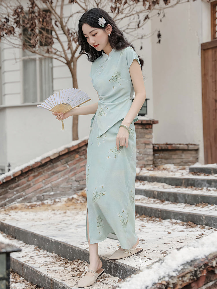 Elegant Mint Green Floral Print Cheongsam Set - Masion Chérie