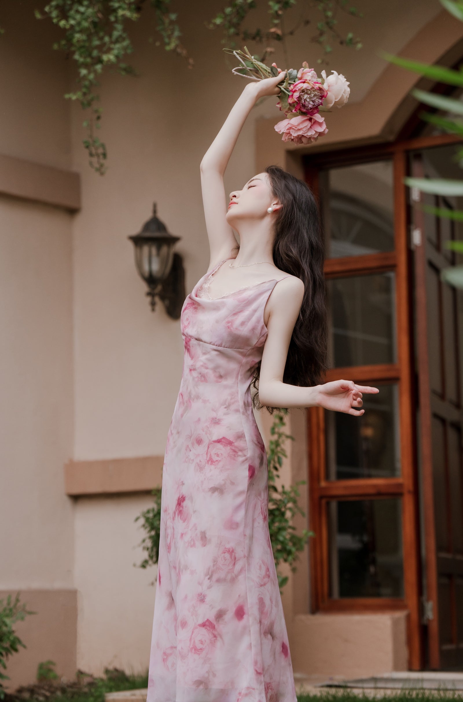 Elegant Pink Floral Mesh Maxi Dress - Masion Chérie