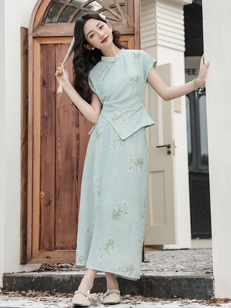 Elegant Mint Green Floral Print Cheongsam Set - Masion Chérie