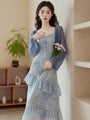 Elegant Blue Floral Lace Tiered Midi Dress with Mohair Knit Cardigan - Masion Chérie