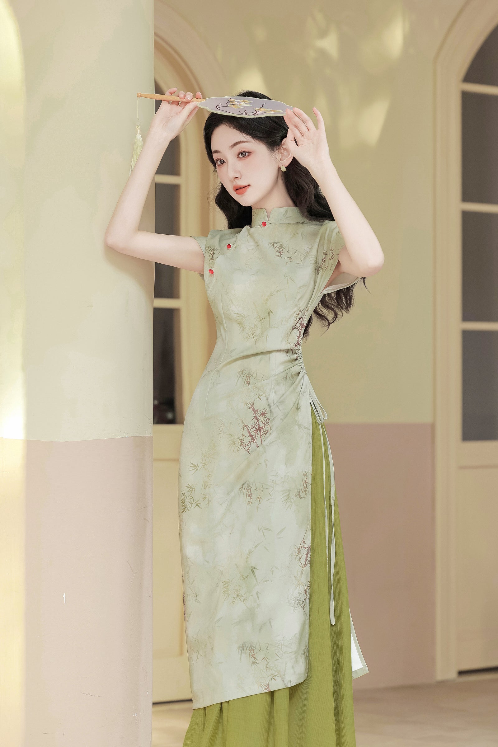 Vintage Green Bamboo Print Two-Piece Cheongsam Dress - Masion Chérie