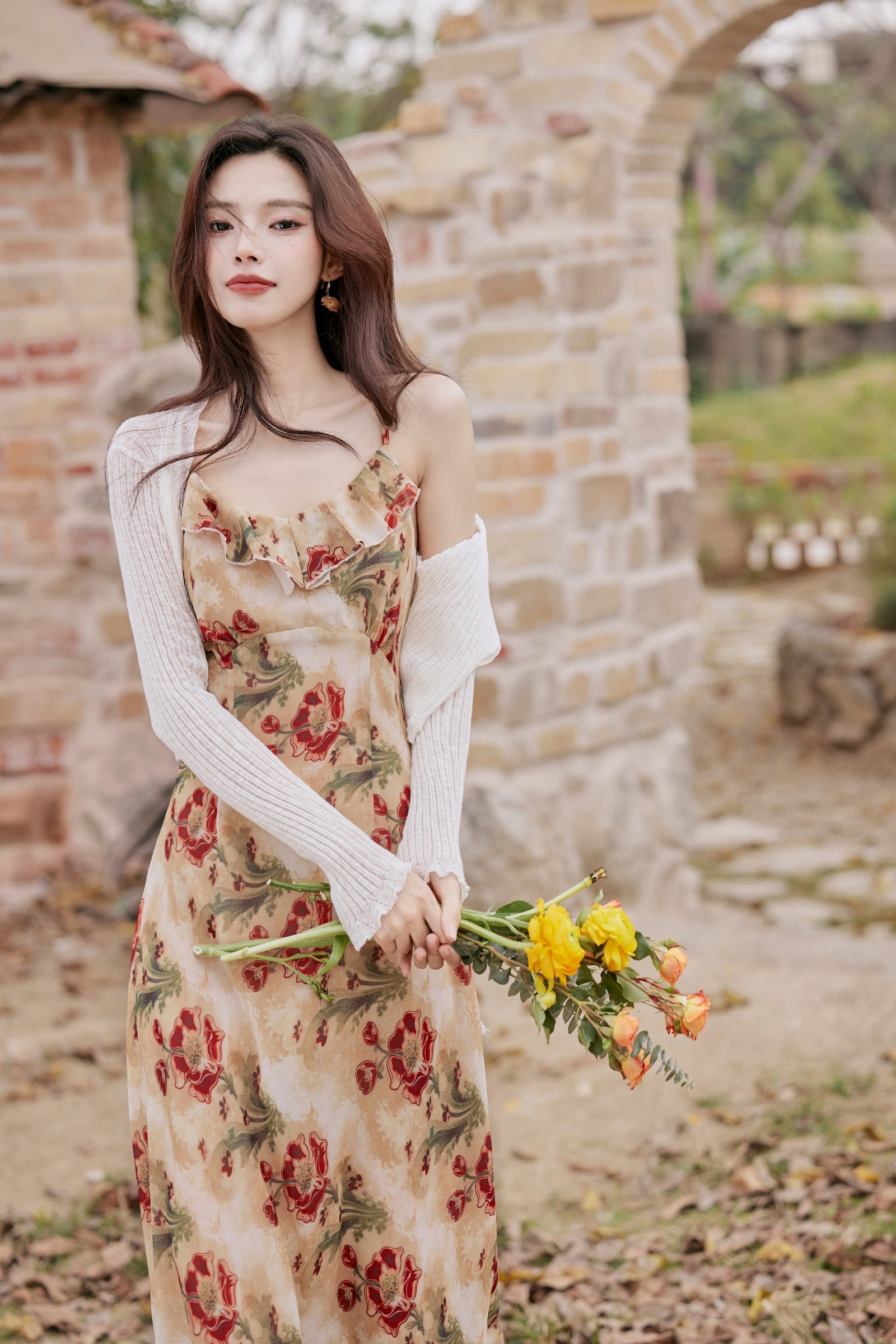 Ruffled Collar Floral Strap Maxi Dress - Masion Chérie