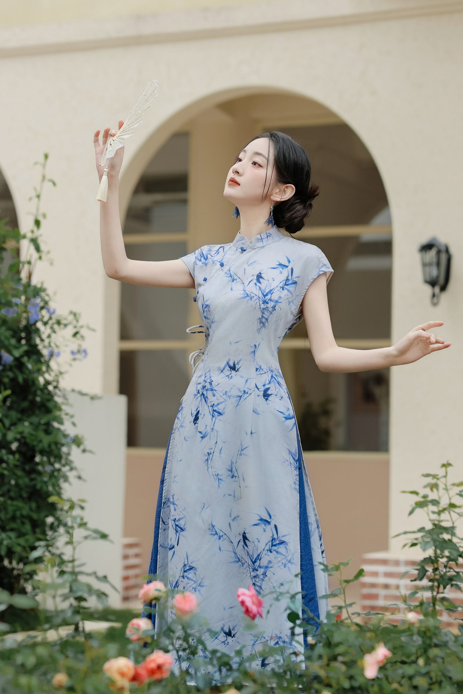 Elegant Blue Bamboo Print Modified Cheongsam Dress Set - Masion Chérie