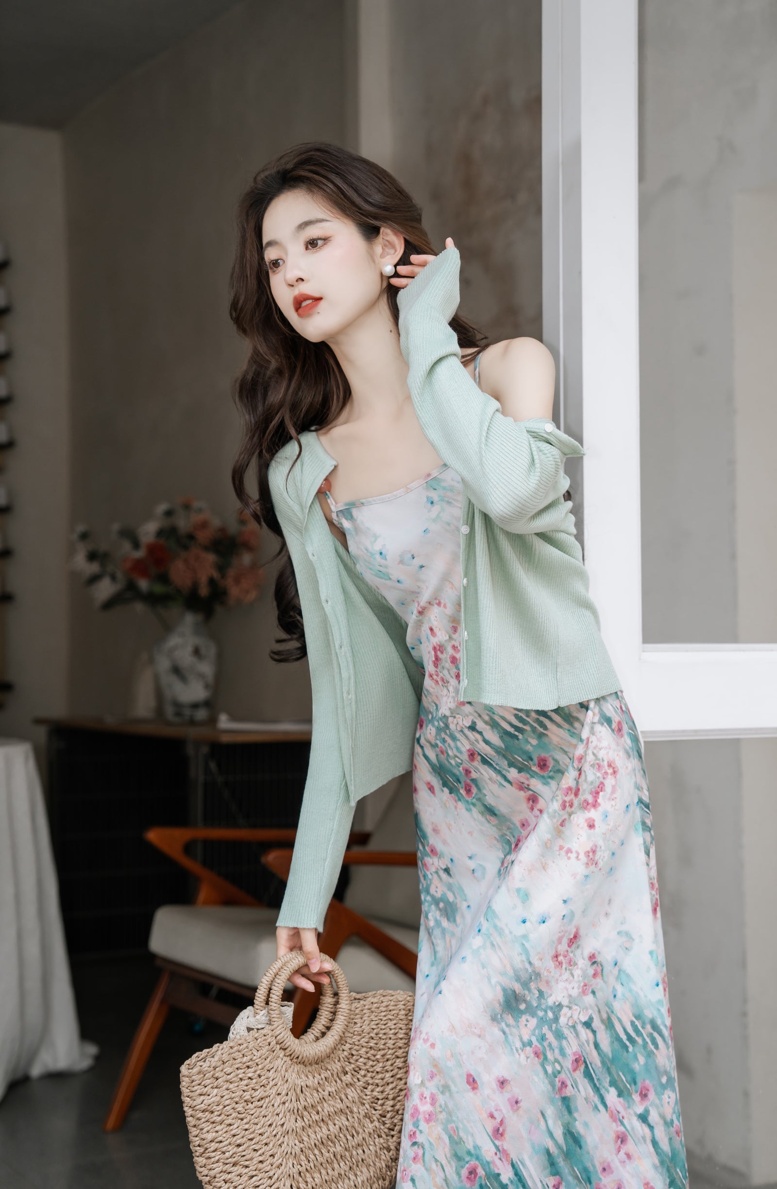 Serene Meadow Watercolor Midi Dress with Sage Green Cardigan - Masion Chérie