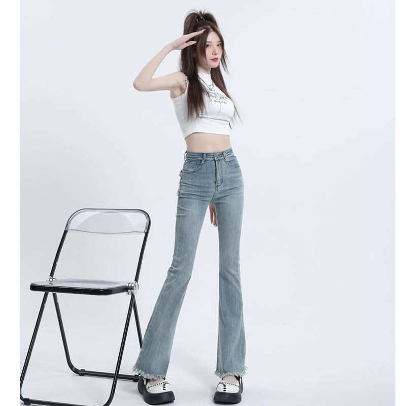 Vintage High-Waisted Frayed Hem Flared Denim Jeans - Masion Chérie