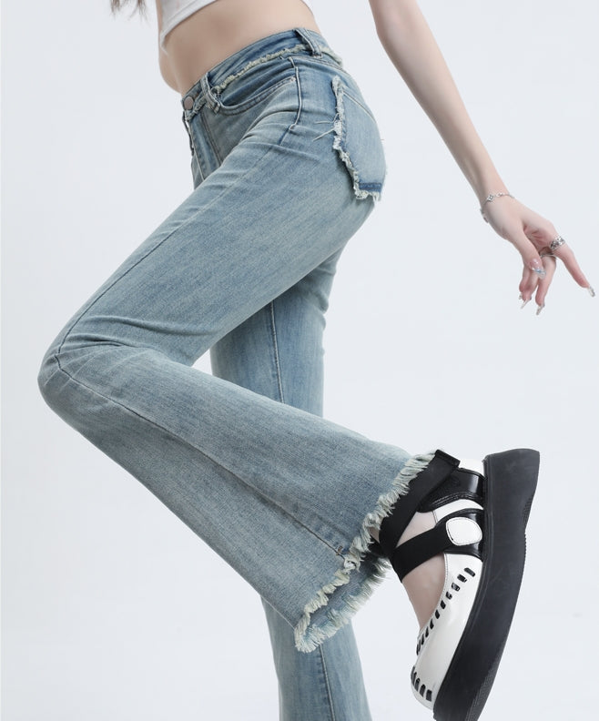 Vintage High-Waisted Frayed Hem Flared Denim Jeans - Masion Chérie