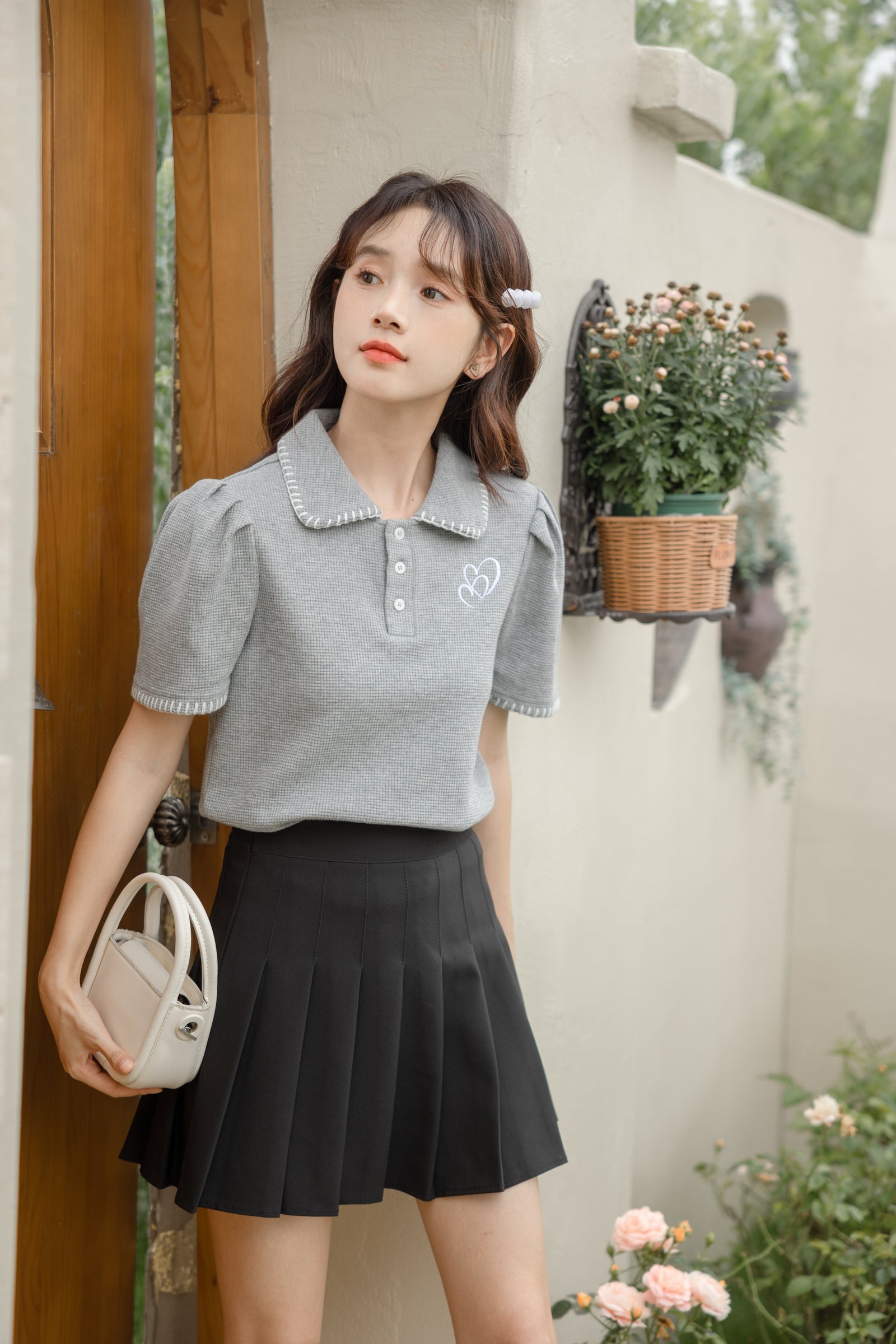 Chic Gray Knit Polo Collared Shirt - Masion Chérie