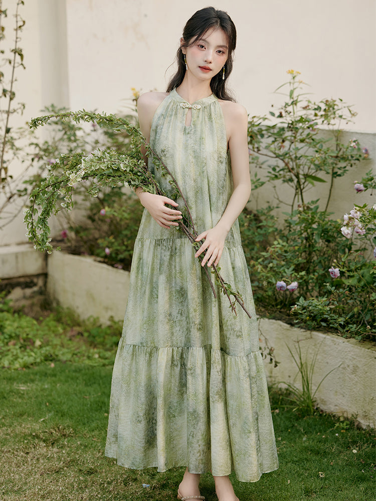 Enchanting Green Floral Halter Neck Tiered Maxi Dress - Masion Chérie