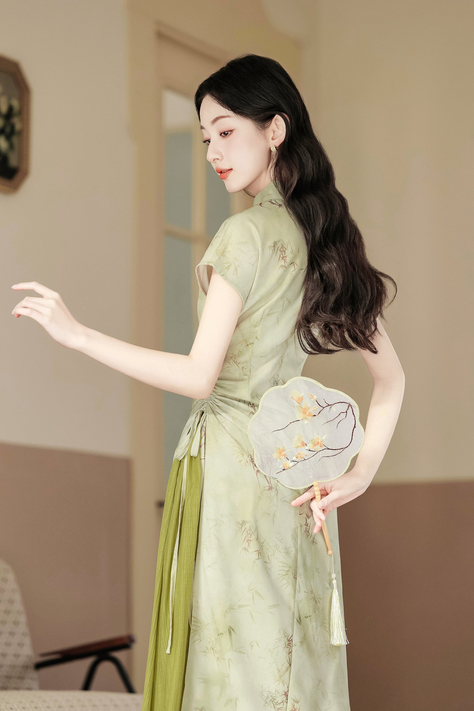 Vintage Green Bamboo Print Two-Piece Cheongsam Dress - Masion Chérie