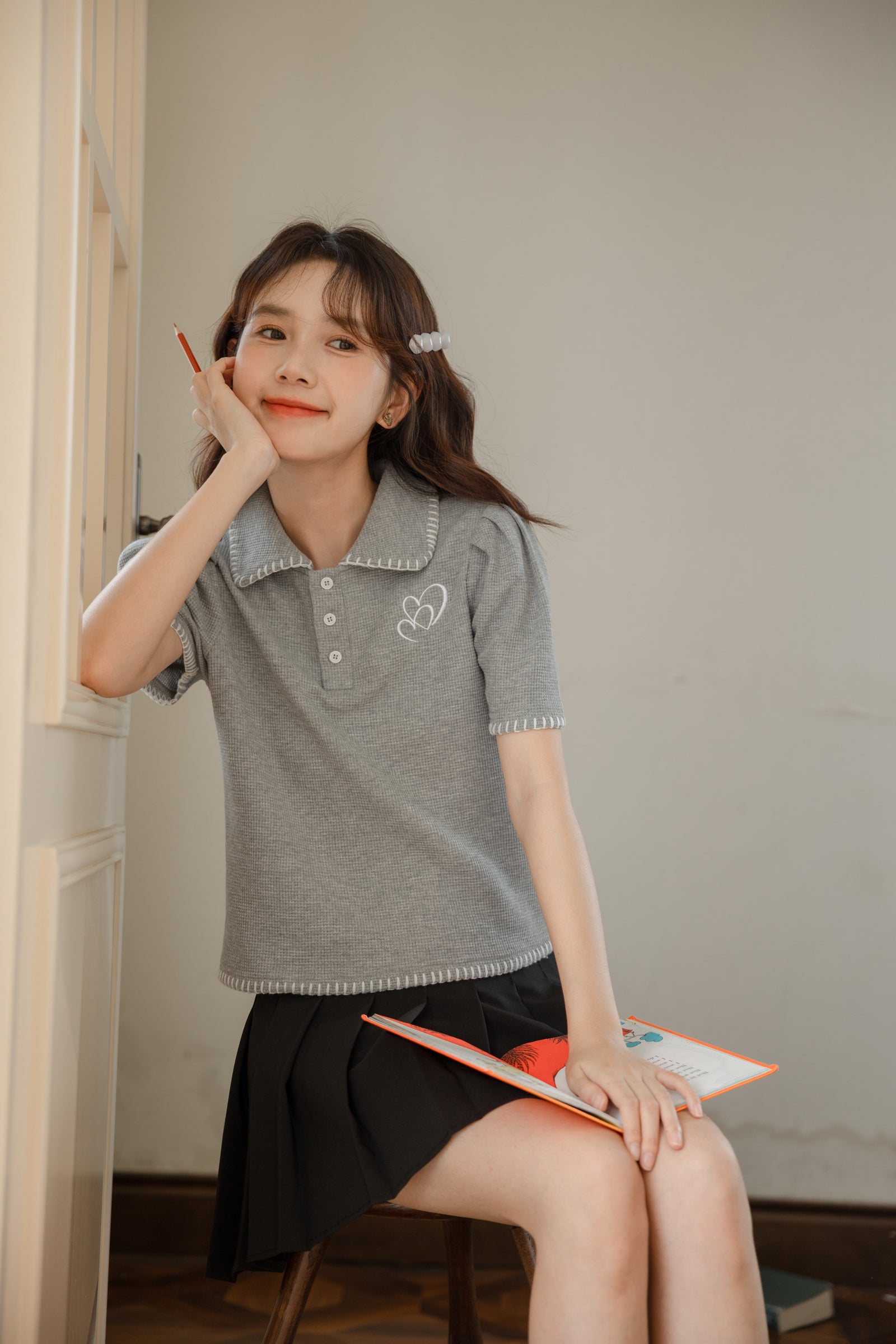 Chic Gray Knit Polo Collared Shirt - Masion Chérie