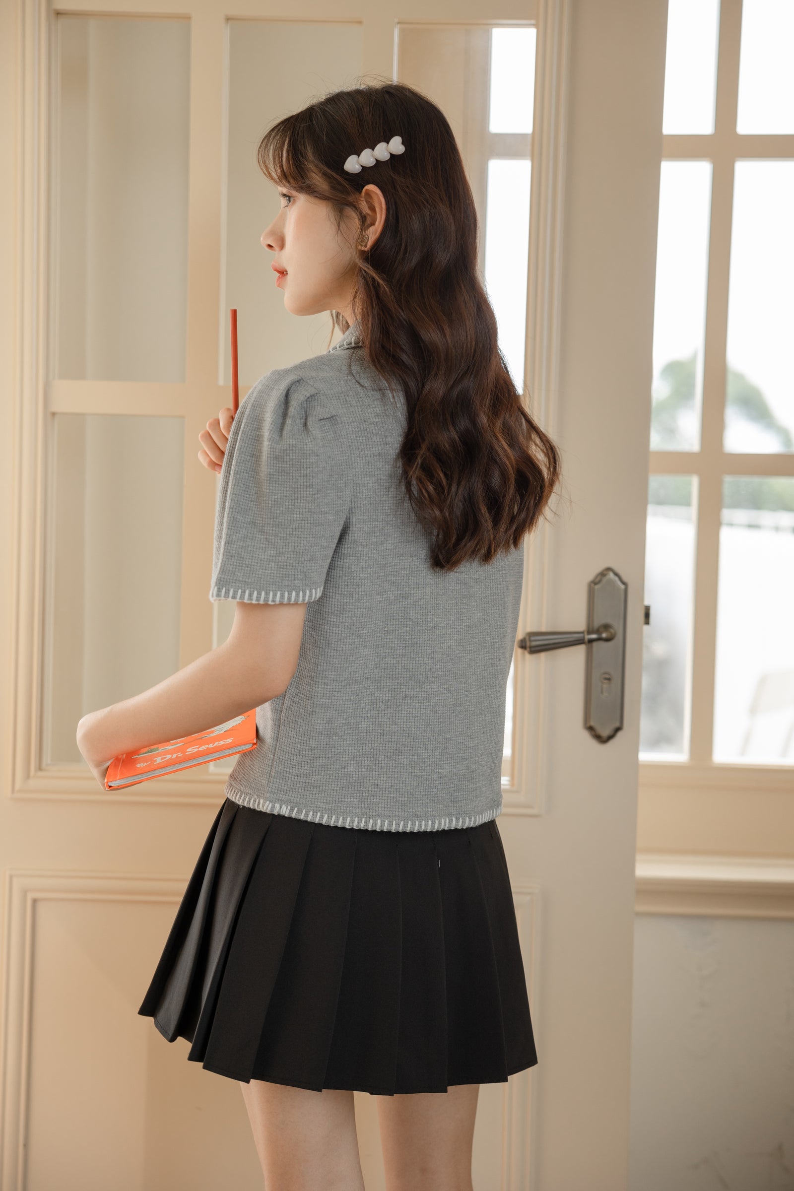 Chic Gray Knit Polo Collared Shirt - Masion Chérie