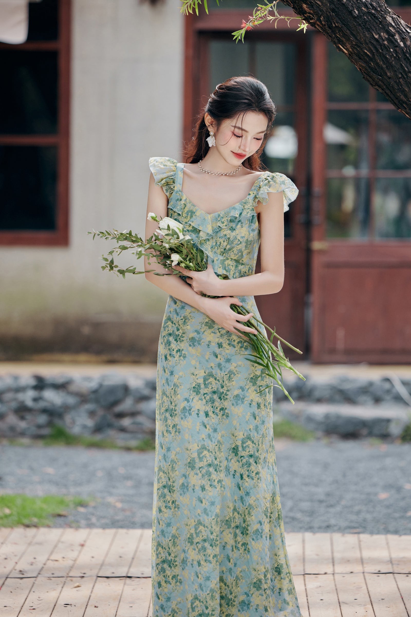 Elegant Floral Print Ruffle Sleeve Maxi Dress - Masion Chérie