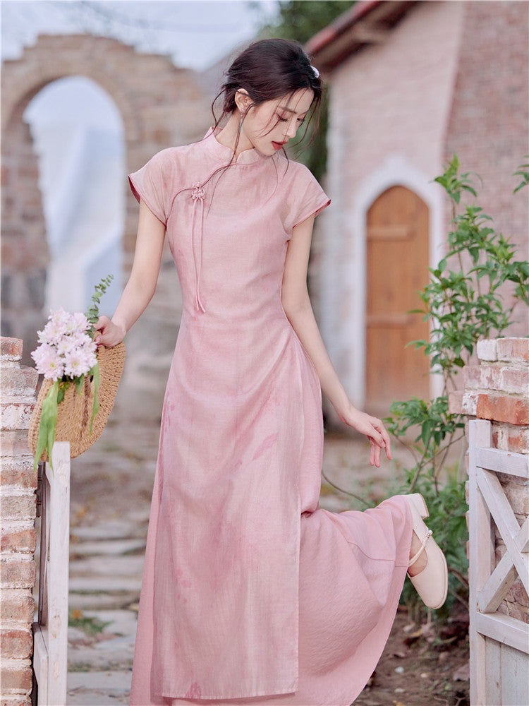 Vintage Pink Modified Cheongsam Dress Two-Piece Set - Masion Chérie