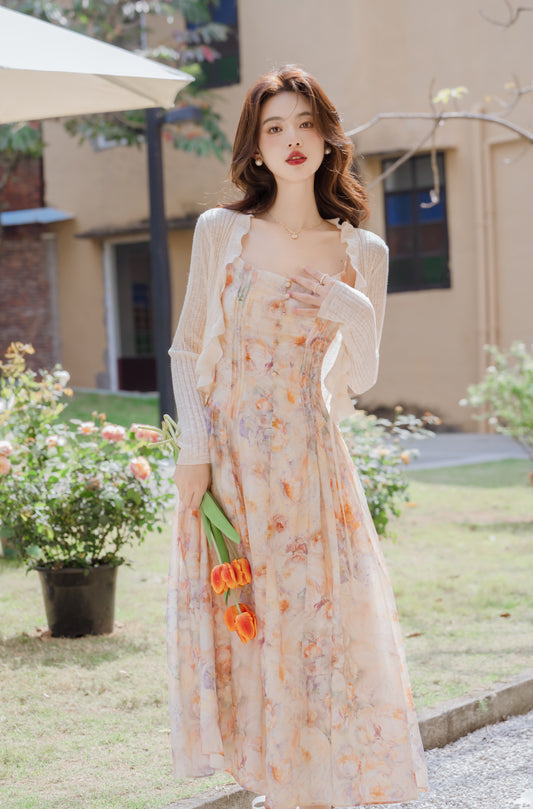 Romantic Floral Pastel Sundress with Ruffle Cardigan - Masion Chérie