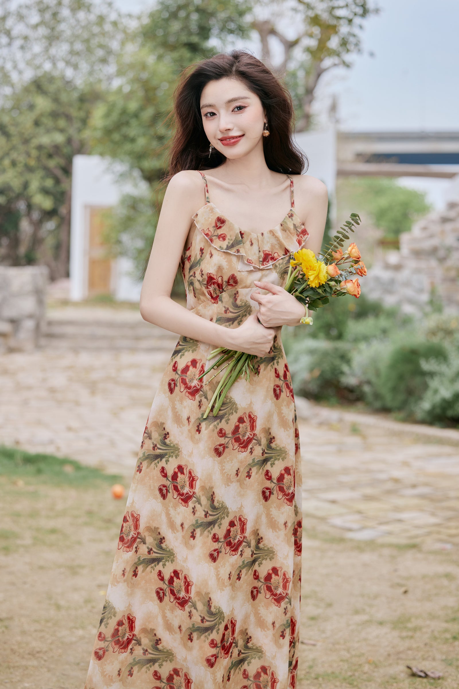 Ruffled Collar Floral Strap Maxi Dress - Masion Chérie