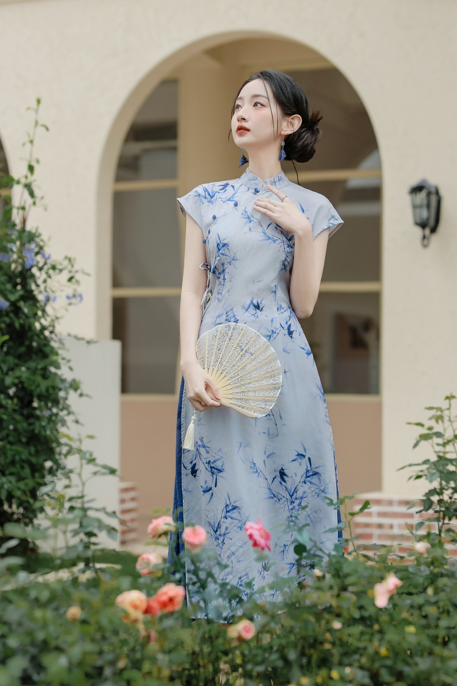 Elegant Blue Bamboo Print Modified Cheongsam Dress Set - Masion Chérie