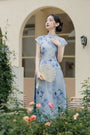 Elegant Blue Bamboo Print Modified Cheongsam Dress Set - Masion Chérie