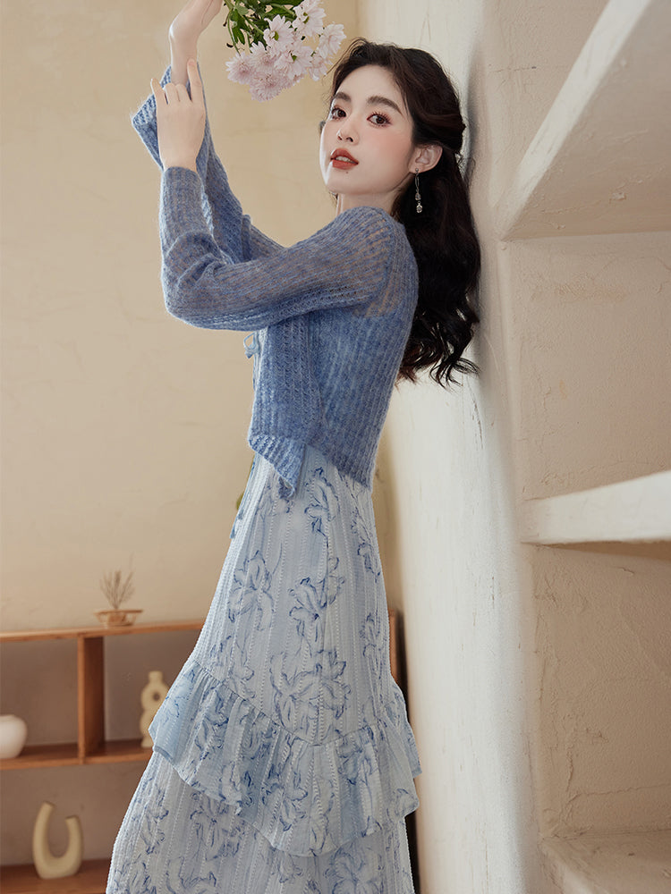 Elegant Blue Floral Lace Tiered Midi Dress with Mohair Knit Cardigan - Masion Chérie