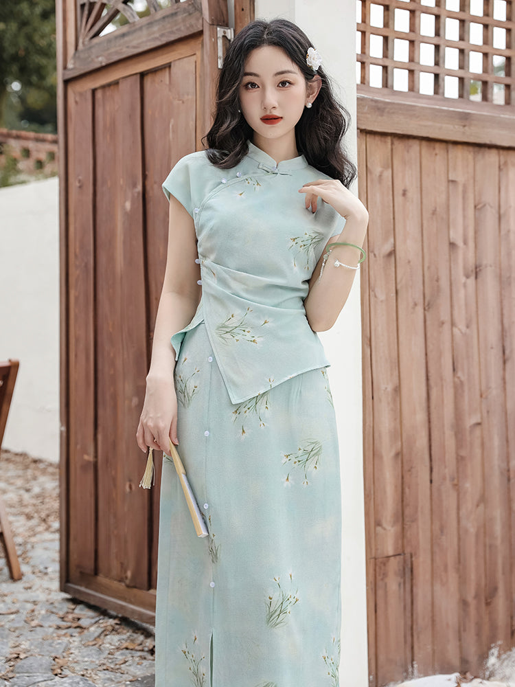 Elegant Mint Green Floral Print Cheongsam Set - Masion Chérie