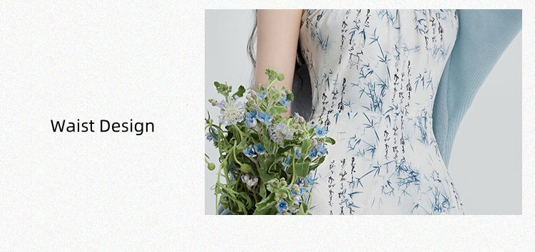 Elegant Blue Floral Spaghetti Strap Midi Dress