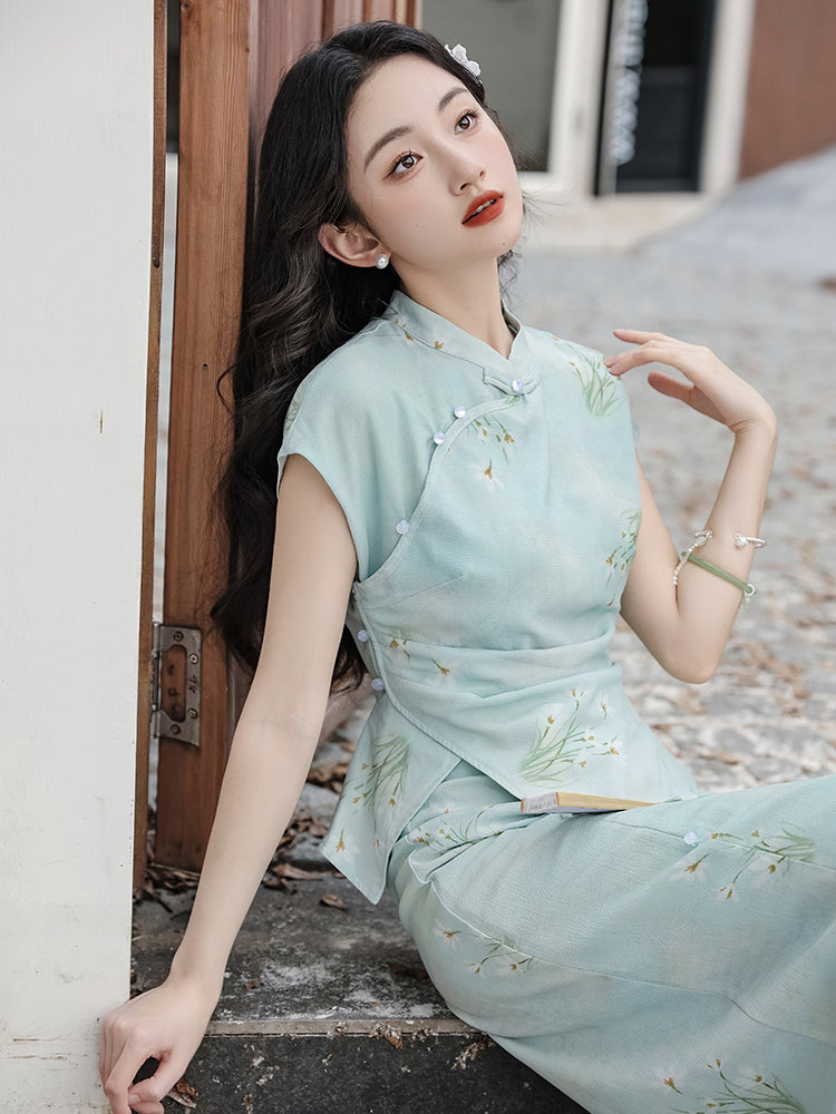 Elegant Mint Green Floral Print Cheongsam Set - Masion Chérie