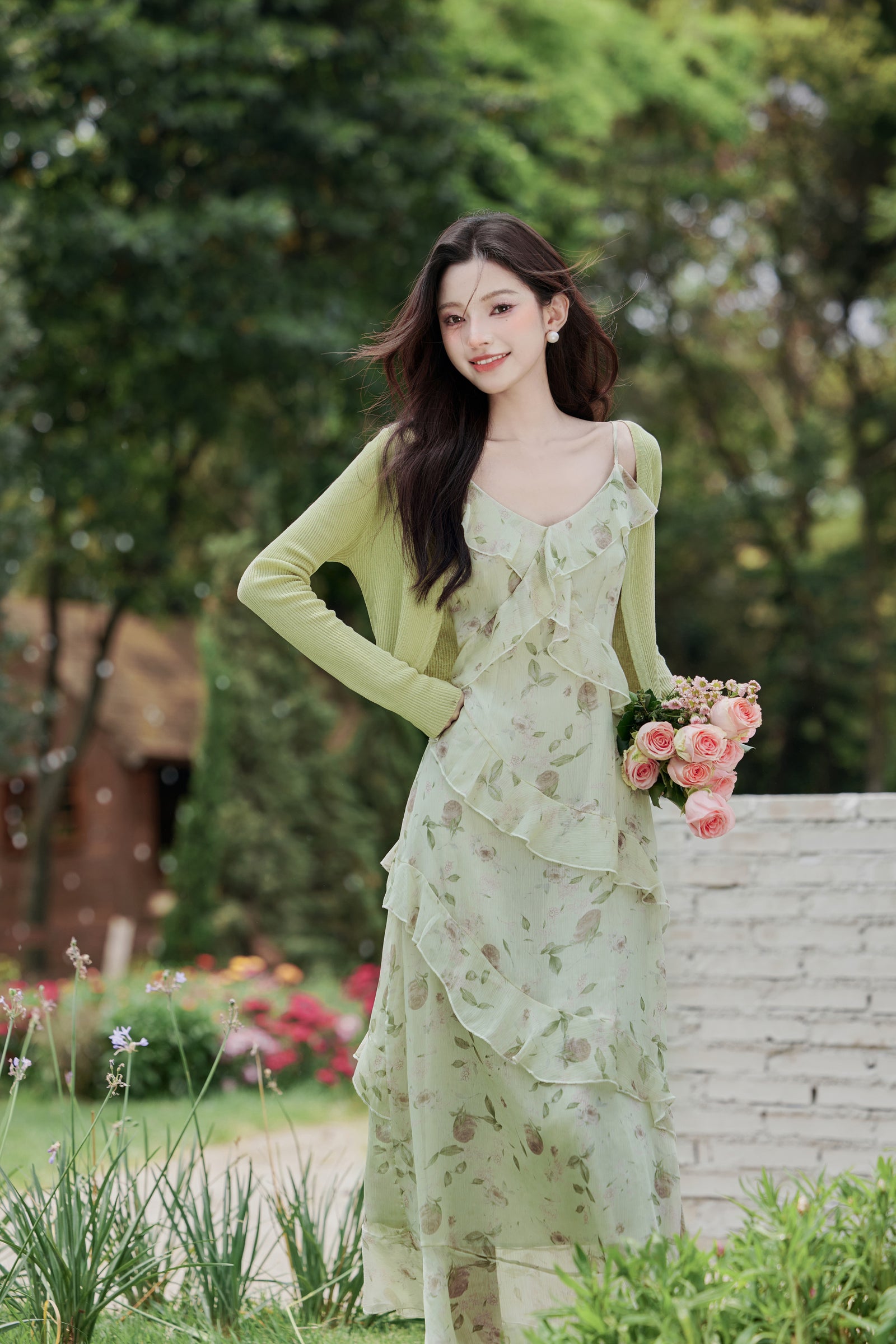 Mint Green Ruffled Floral Chiffon Maxi Dress - Masion Chérie