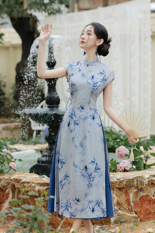 Elegant Blue Bamboo Print Modified Cheongsam Dress Set - Masion Chérie