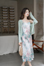 Serene Meadow Watercolor Midi Dress with Sage Green Cardigan - Masion Chérie