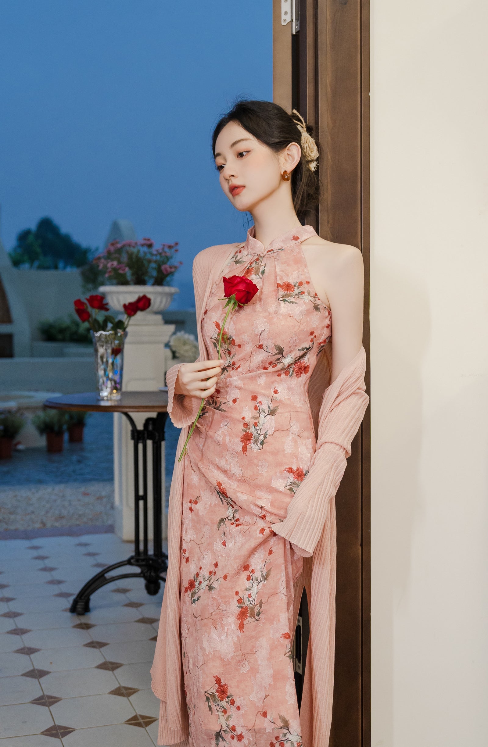 Graceful Floral Halter Neck Modified Cheongsam Dress - Masion Chérie