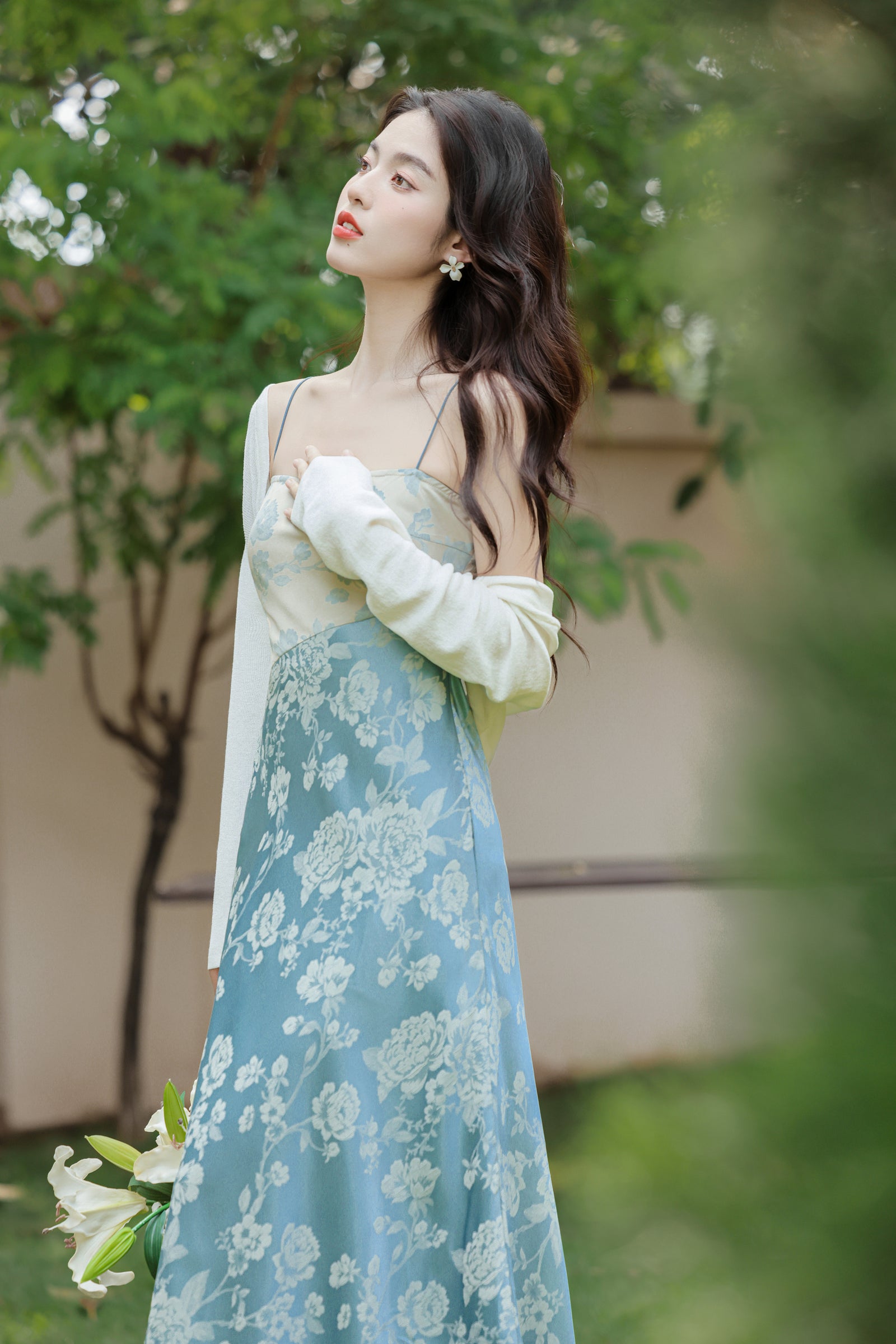 Pastel Blue Floral Satin Midi Dress