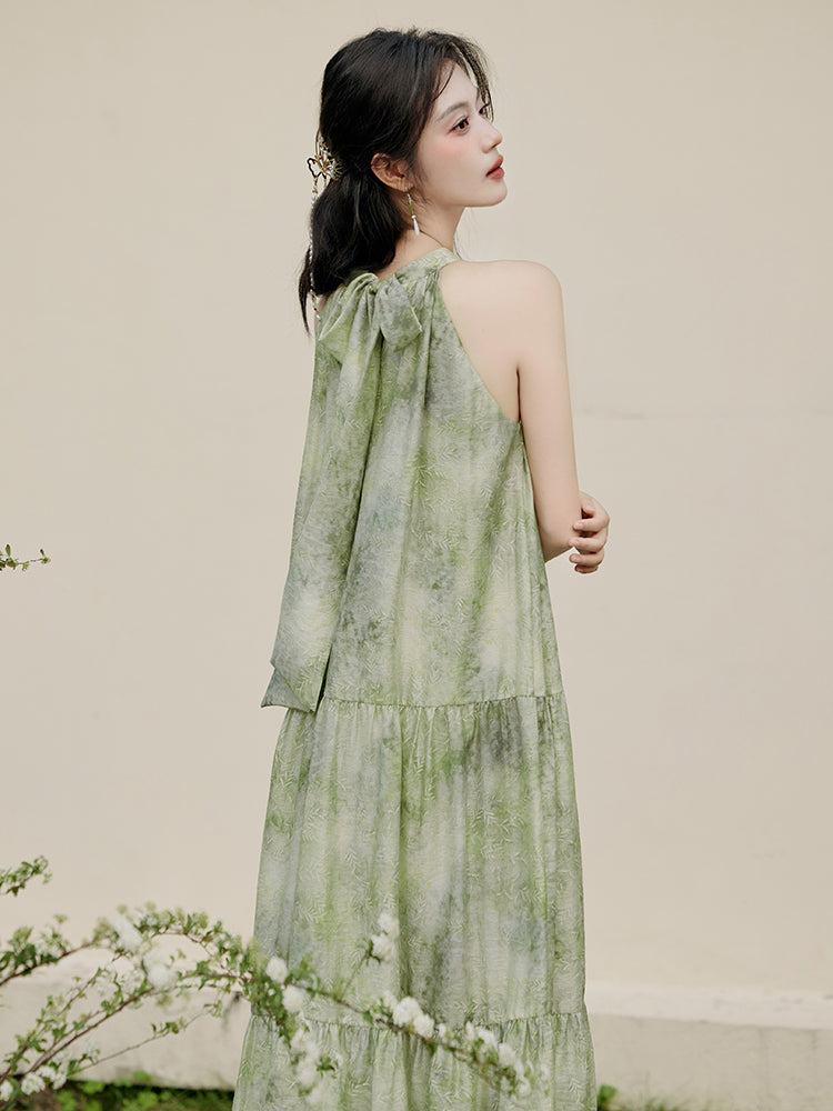 Enchanting Green Floral Halter Neck Tiered Maxi Dress - Masion Chérie