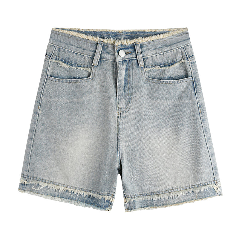 High-Waisted Frayed Hem Denim Shorts - Masion Chérie