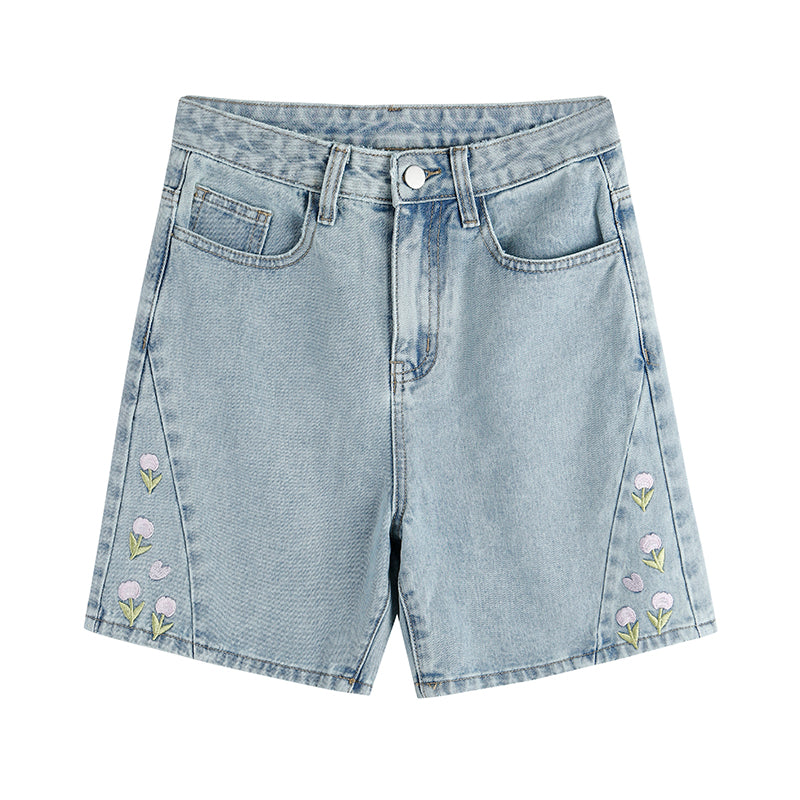 Floral Embroidered High-Waisted Denim Shorts - Masion Chérie