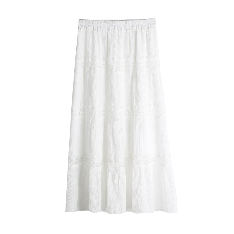 Vintage White Lace Trim Tiered Midi Skirt - Masion Chérie