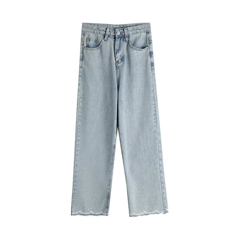 Light Blue High-Waisted Embroidered Hem Jeans - Masion Chérie