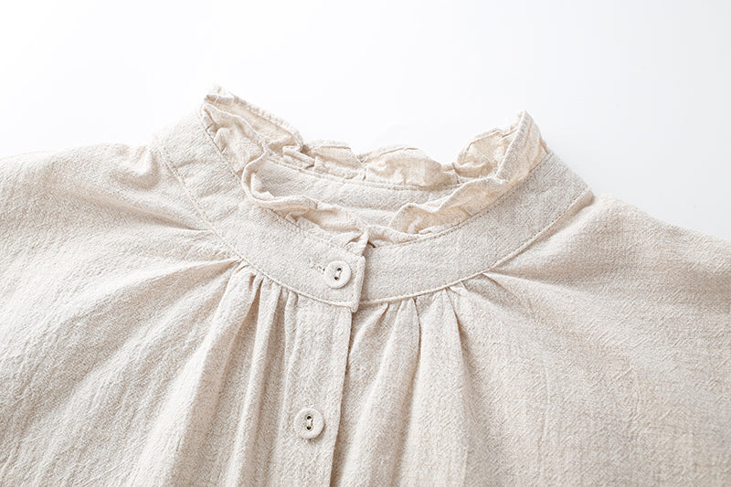 Loose-Fit Cotton-Linen Ruffled Collar Blouse