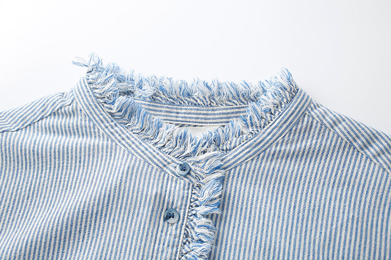 Delicate Striped Ruffle-Trim Button-Up Blouse