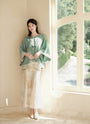 Elegant Mint Green Cheongsam Top and Floral Flared Skirt Set