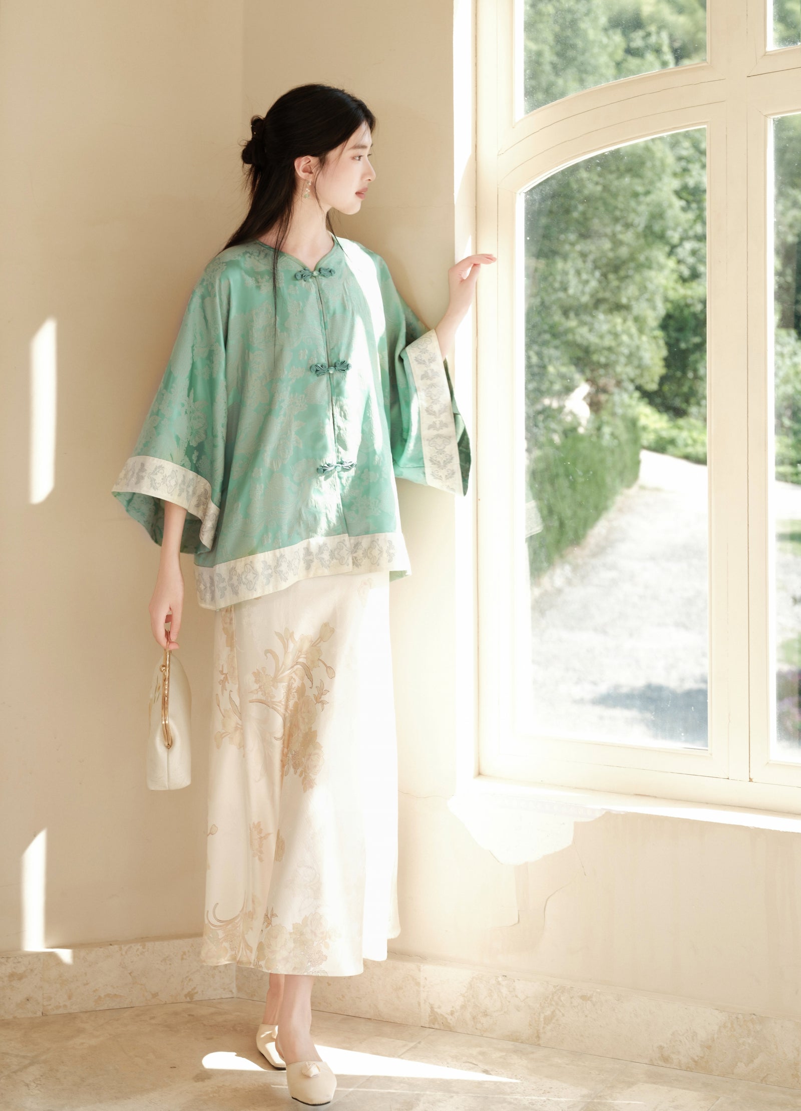 Elegant Mint Green Cheongsam Top and Floral Flared Skirt Set