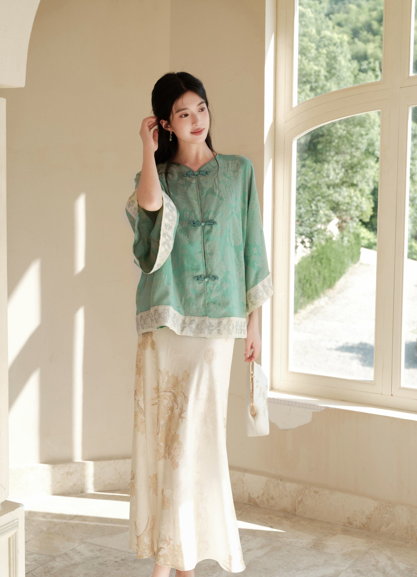 Elegant Mint Green Cheongsam Top and Floral Flared Skirt Set