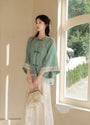 Elegant Mint Green Cheongsam Top and Floral Flared Skirt Set