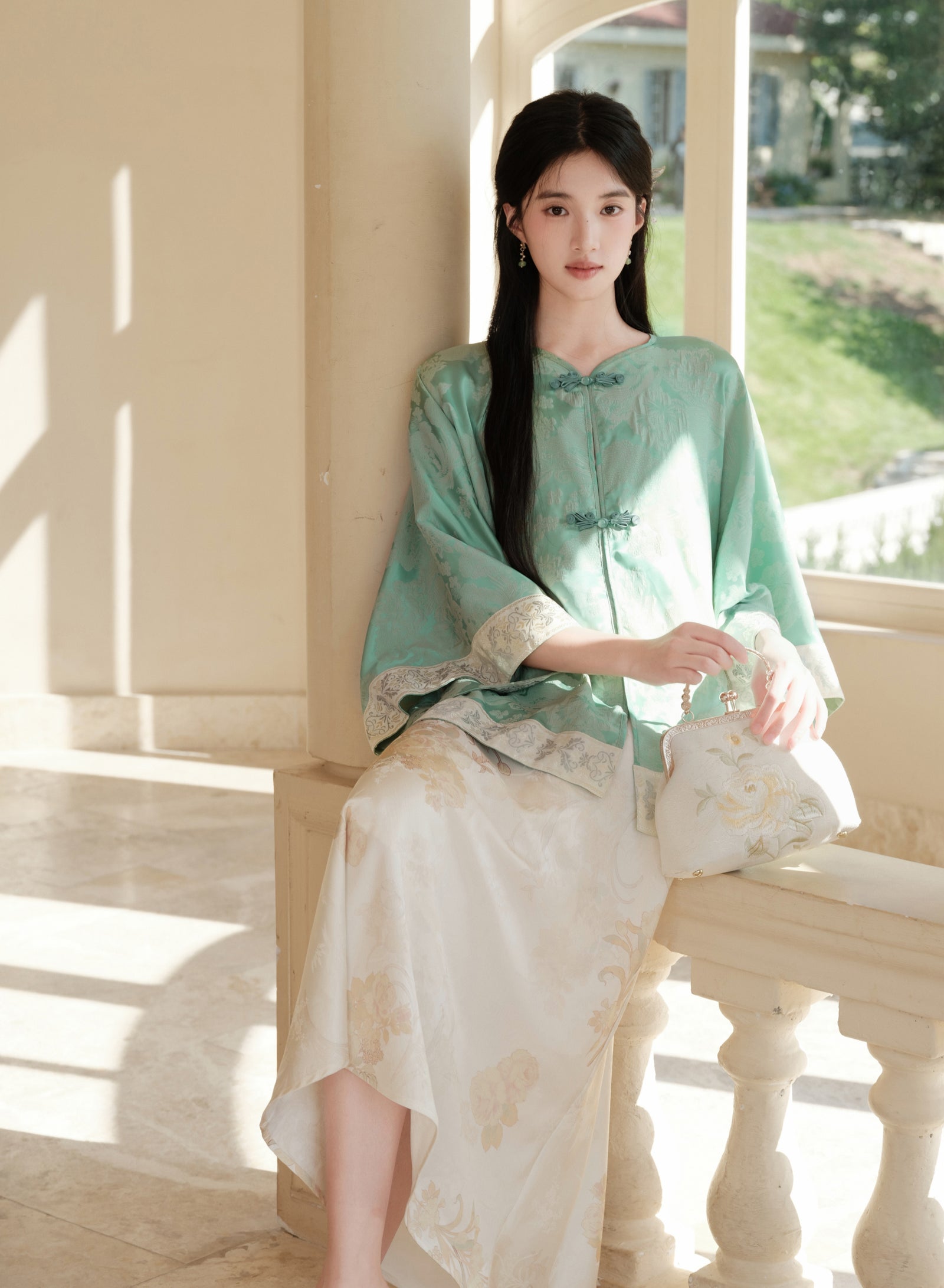 Elegant Mint Green Cheongsam Top and Floral Flared Skirt Set