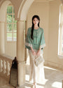 Elegant Mint Green Cheongsam Top and Floral Flared Skirt Set