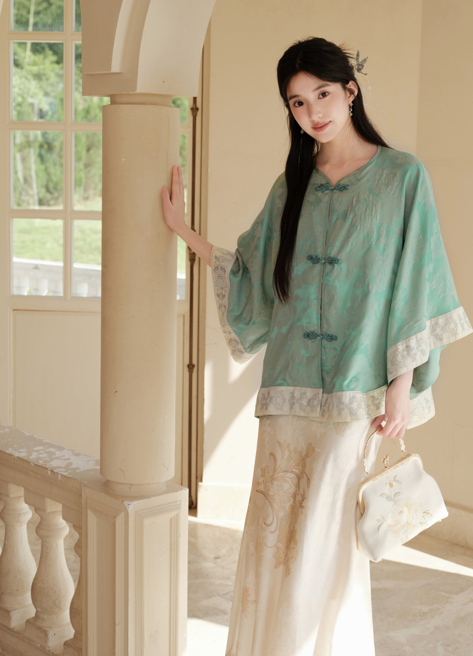 Elegant Mint Green Cheongsam Top and Floral Flared Skirt Set