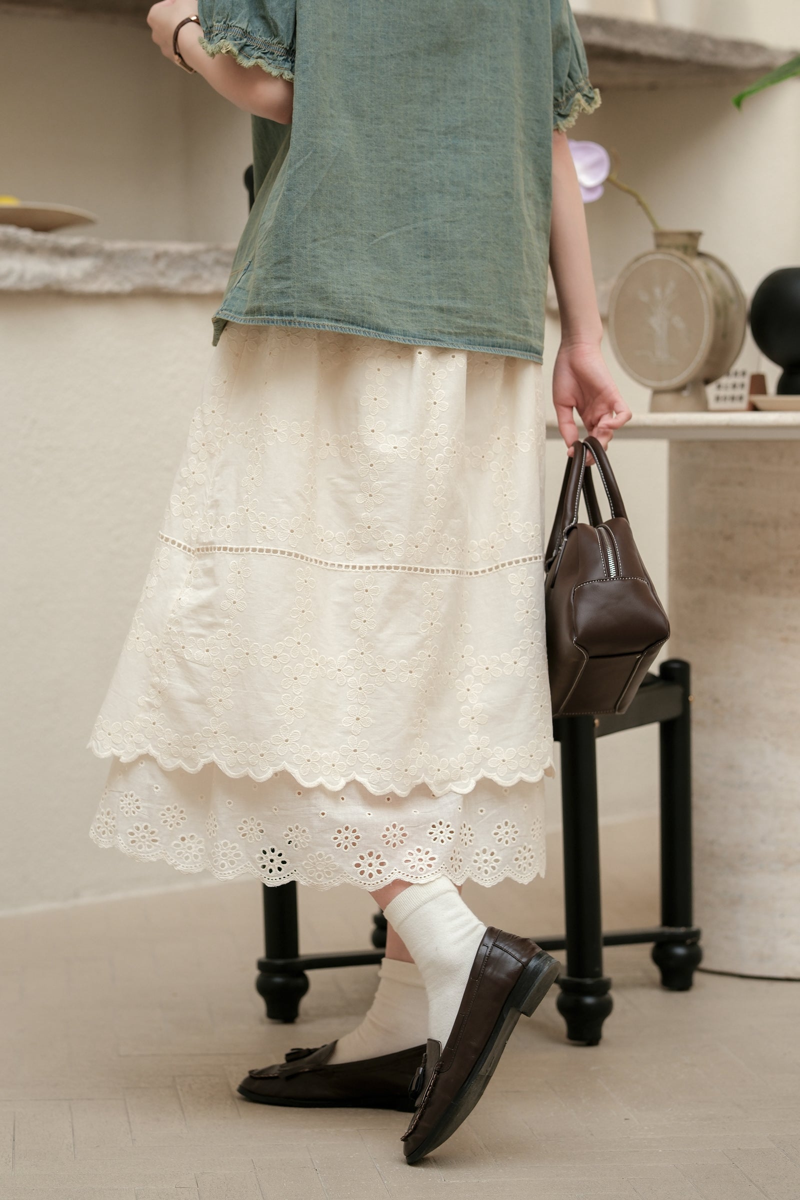 Ivory Embroidered Eyelet A-Line Midi Skirt - Masion Chérie