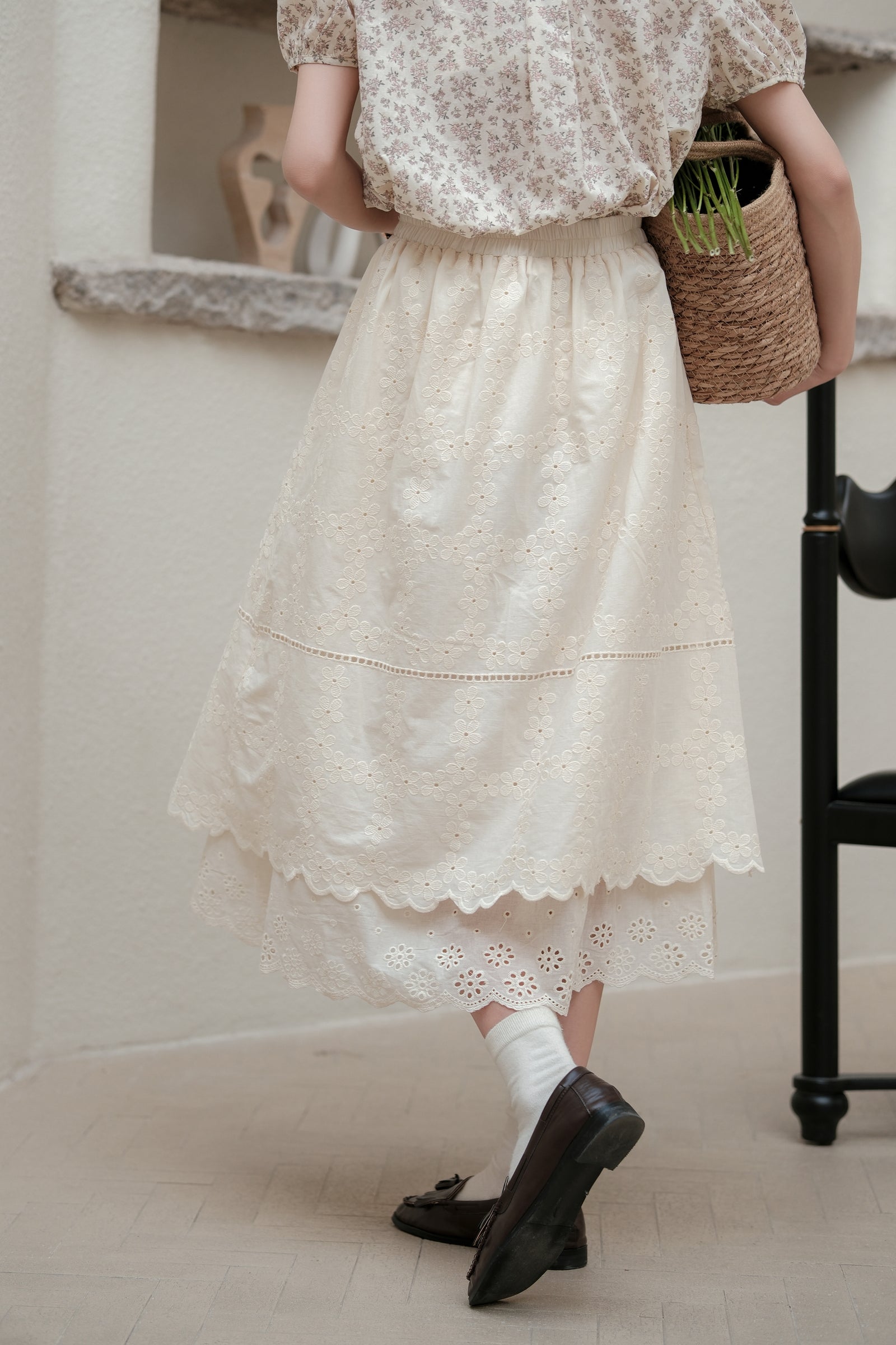 Ivory Embroidered Eyelet A-Line Midi Skirt - Masion Chérie